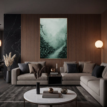 Misty Ivy Garden Path Landscape wall art in an elegant modern room – dark green ivy on both sides of a pale winding