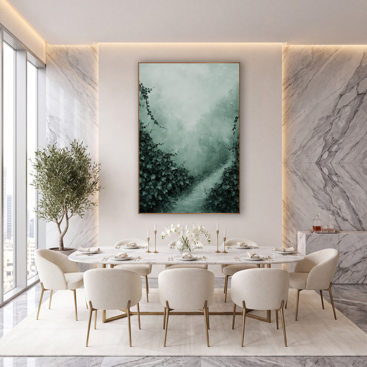 Misty Ivy Garden Path Landscape wall art in an elegant modern room – dark green ivy on both sides of a pale winding