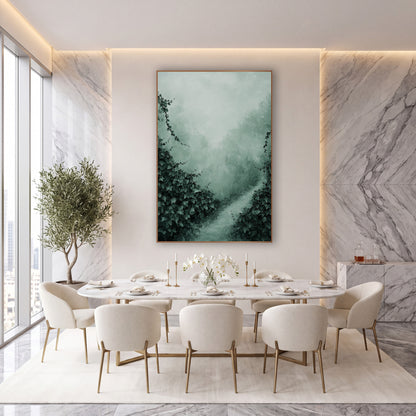 Misty Ivy Garden Path Landscape wall art in an elegant modern room – dark green ivy on both sides of a pale winding