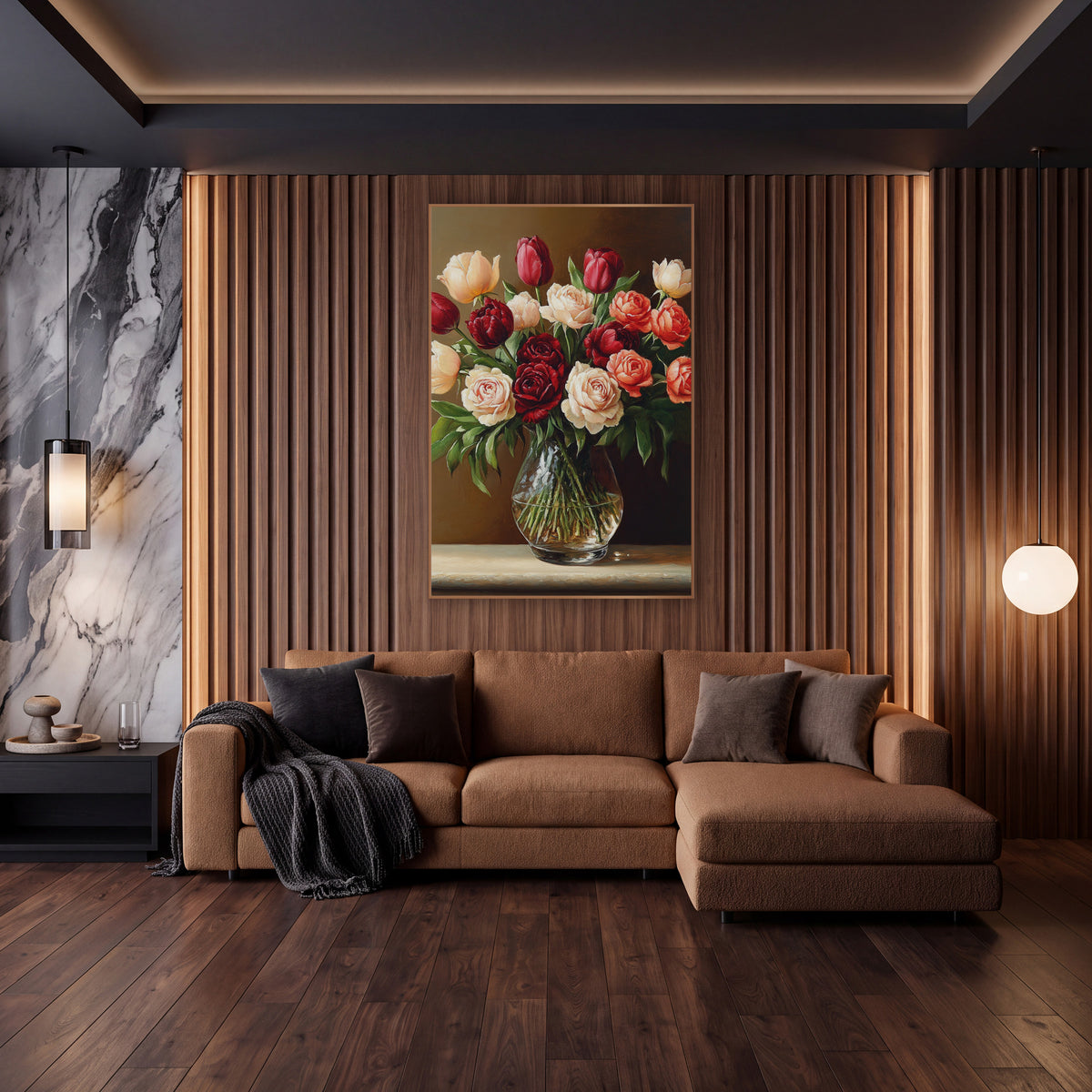 Crimson Cream Tulip Rose Bouquet wall art in an elegant modern room – still life of red and cream tulips and roses