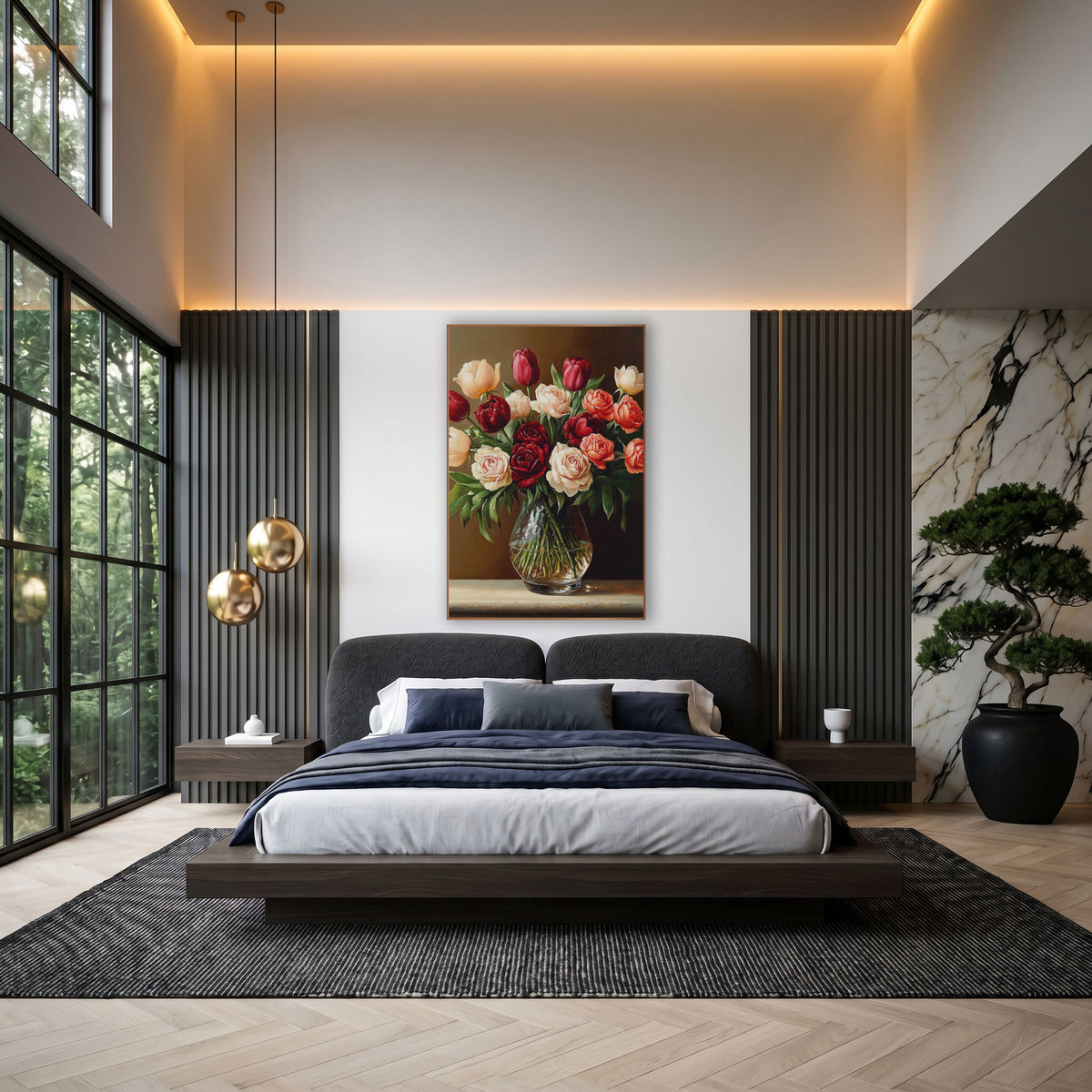 Crimson Cream Tulip Rose Bouquet wall art in an elegant modern room – still life of red and cream tulips and roses