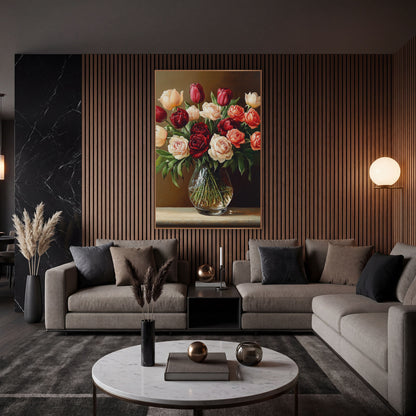 Crimson Cream Tulip Rose Bouquet wall art in an elegant modern room – still life of red and cream tulips and roses
