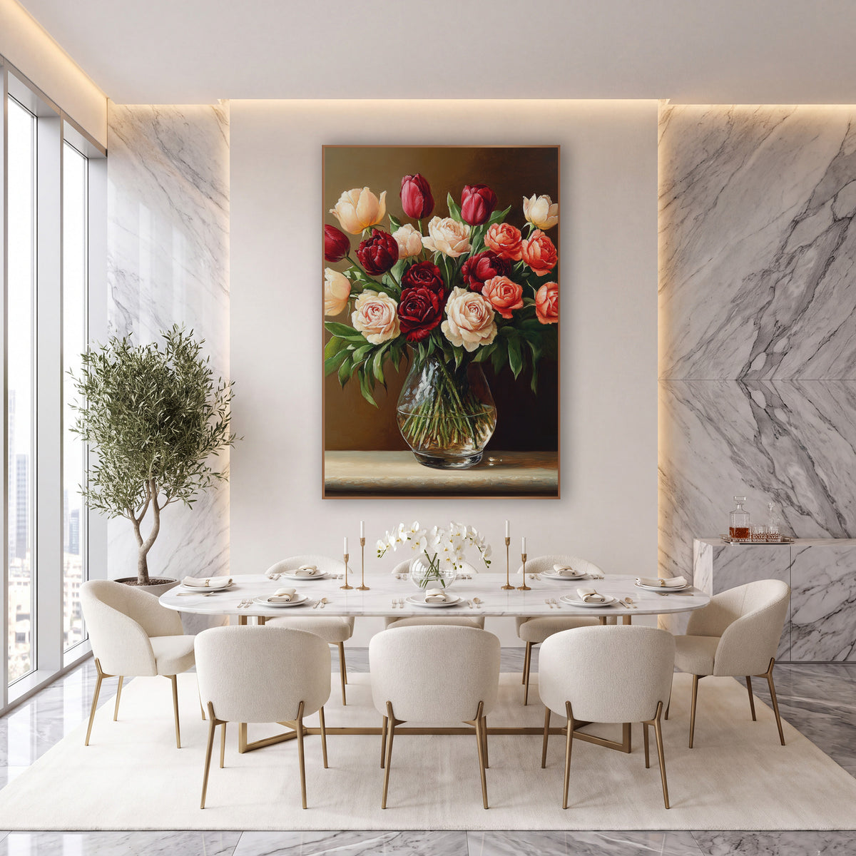 Crimson Cream Tulip Rose Bouquet wall art in an elegant modern room – still life of red and cream tulips and roses