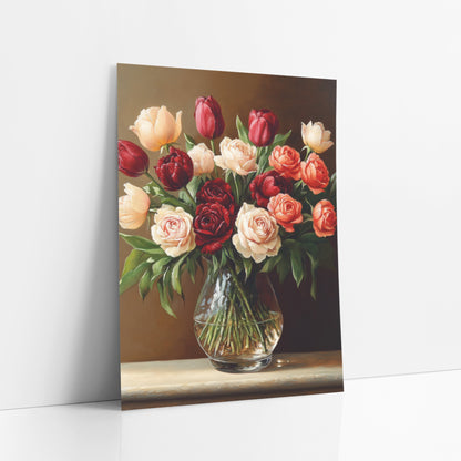 Crimson Cream Tulip Rose Bouquet art print leaning against a white wall – still life of red and cream tulips and roses