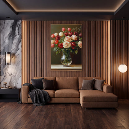 Cream Rose Burgundy Tulip Bouquet wall art in an elegant modern room – cream roses and burgundy tulips in a clear