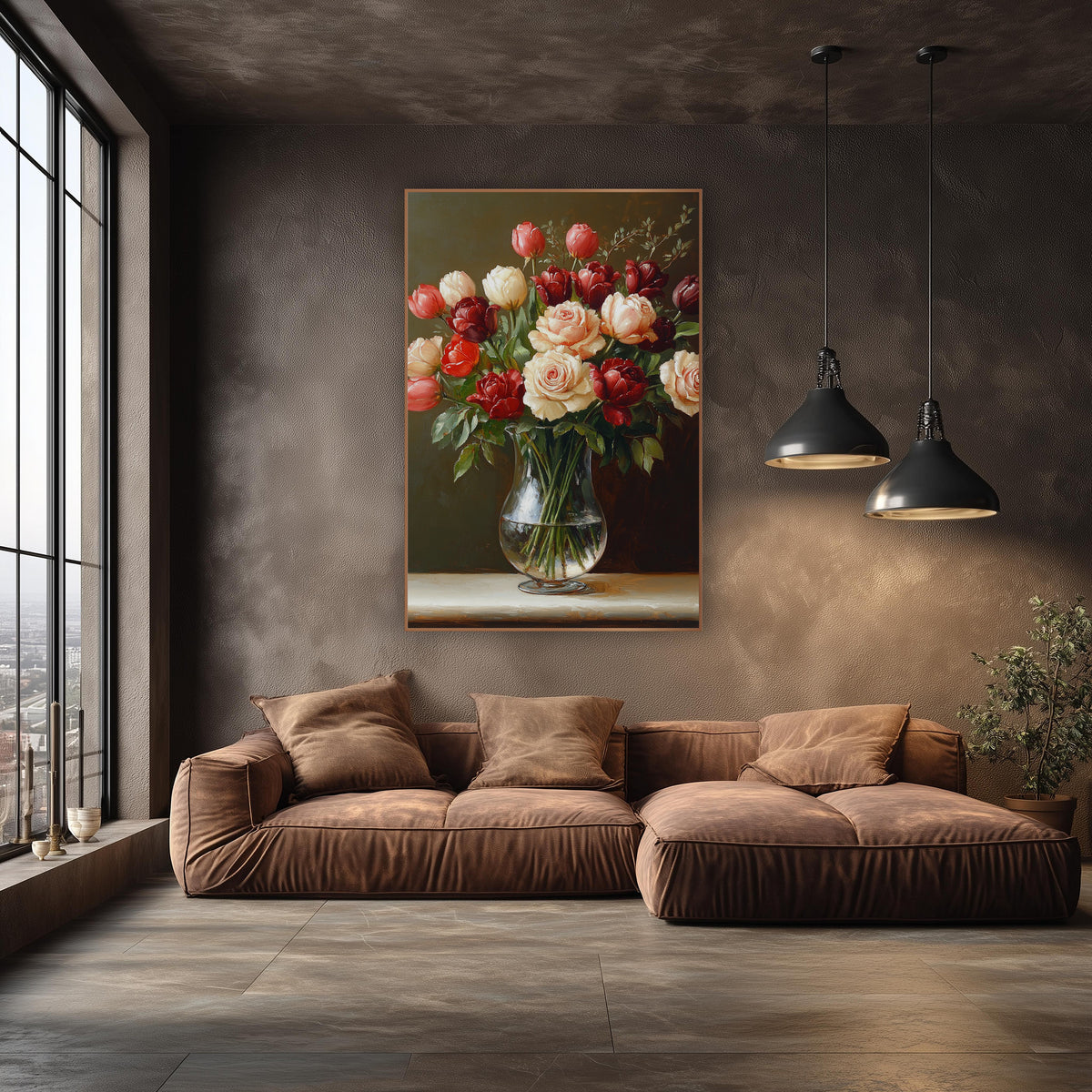 Cream Rose Burgundy Tulip Bouquet wall art in an elegant modern room – cream roses and burgundy tulips in a clear