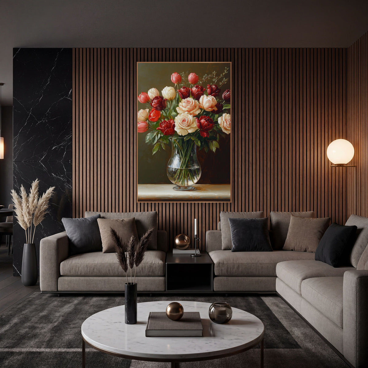 Cream Rose Burgundy Tulip Bouquet wall art in an elegant modern room – cream roses and burgundy tulips in a clear