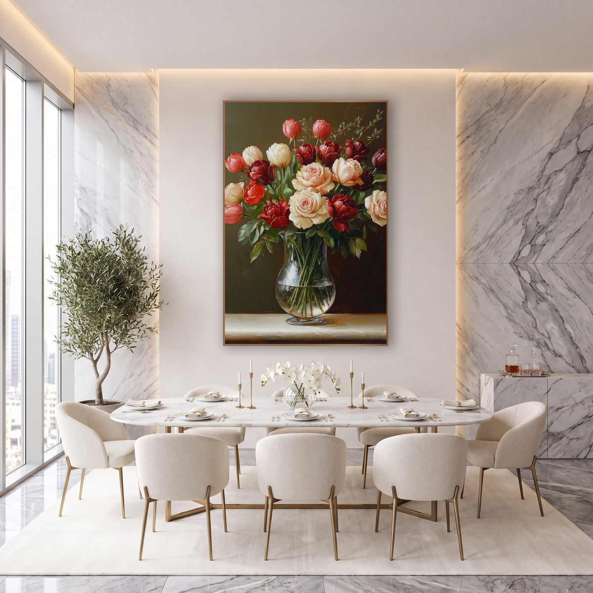 Cream Rose Burgundy Tulip Bouquet wall art in an elegant modern room – cream roses and burgundy tulips in a clear