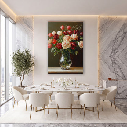 Cream Rose Burgundy Tulip Bouquet wall art in an elegant modern room – cream roses and burgundy tulips in a clear