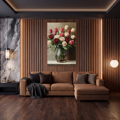 Burgundy Cream Tulip Rose Still Life wall art in an elegant modern room – bouquet of burgundy, pink and cream tulips