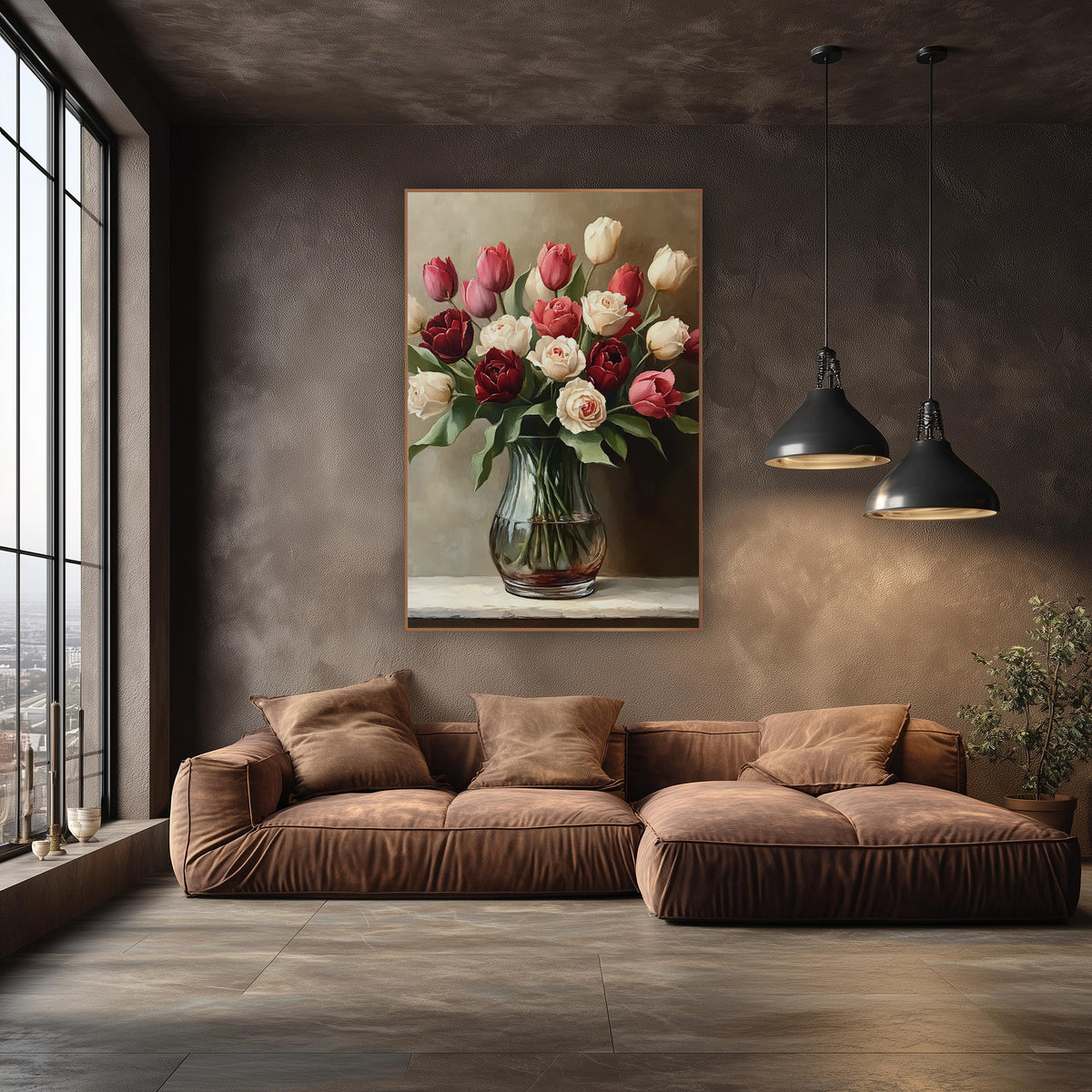 Burgundy Cream Tulip Rose Still Life wall art in an elegant modern room – bouquet of burgundy, pink and cream tulips
