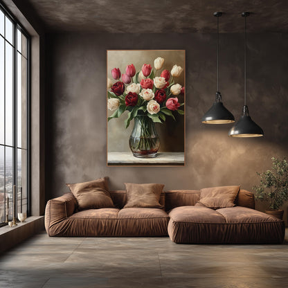 Burgundy Cream Tulip Rose Still Life wall art in an elegant modern room – bouquet of burgundy, pink and cream tulips