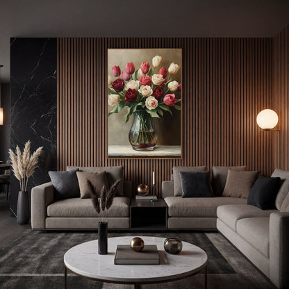 Burgundy Cream Tulip Rose Still Life wall art in an elegant modern room – bouquet of burgundy, pink and cream tulips