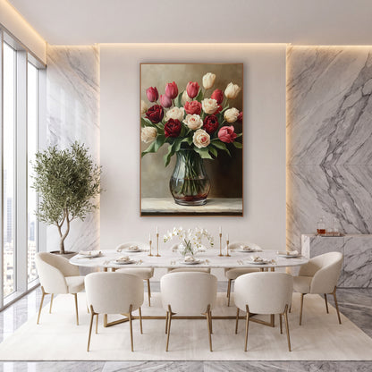 Burgundy Cream Tulip Rose Still Life wall art in an elegant modern room – bouquet of burgundy, pink and cream tulips