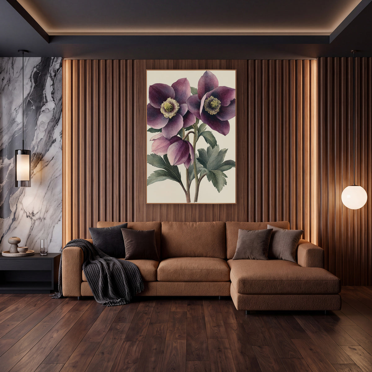 Twin Plum Hellebores Vintage Botanical wall art in an elegant modern room – vintage botanical illustration of plum
