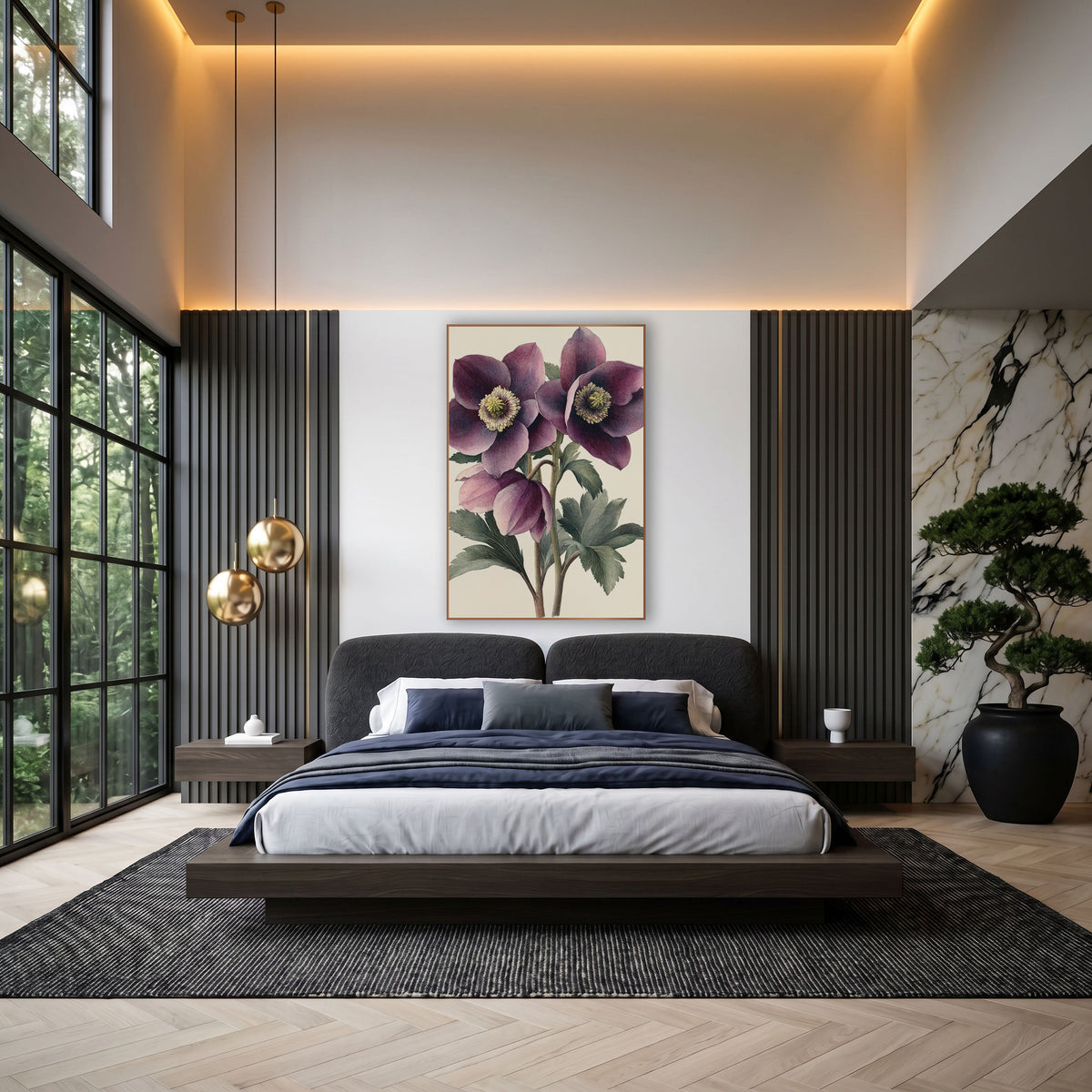 Twin Plum Hellebores Vintage Botanical wall art in an elegant modern room – vintage botanical illustration of plum