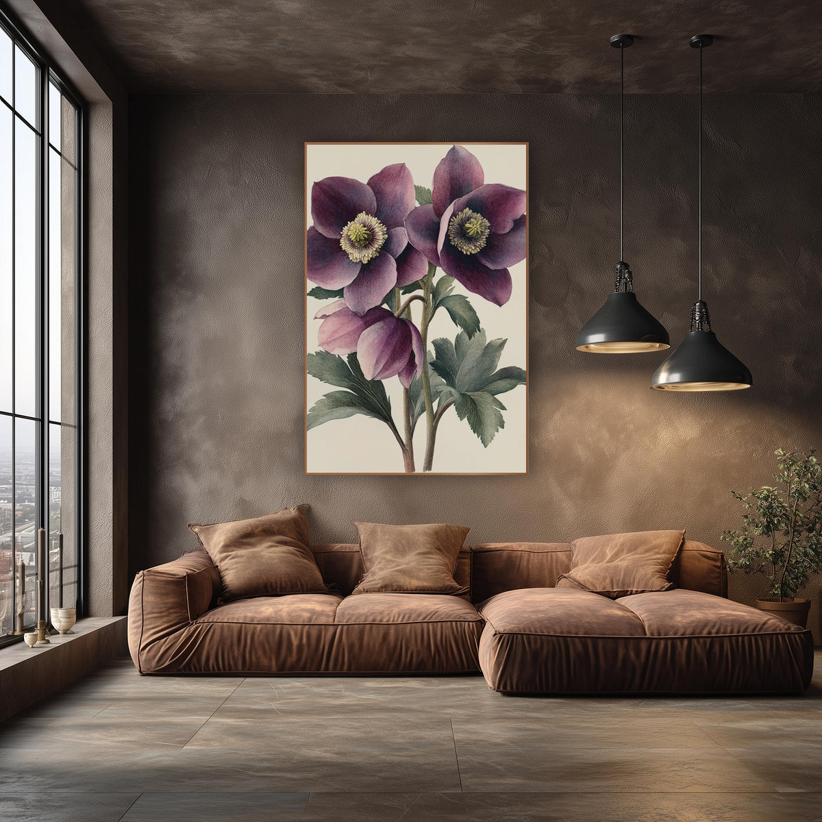 Twin Plum Hellebores Vintage Botanical wall art in an elegant modern room – vintage botanical illustration of plum
