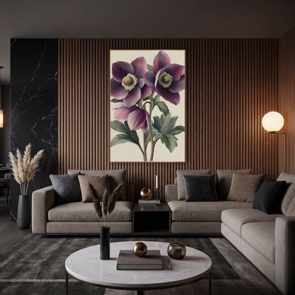 Twin Plum Hellebores Vintage Botanical wall art in an elegant modern room – vintage botanical illustration of plum
