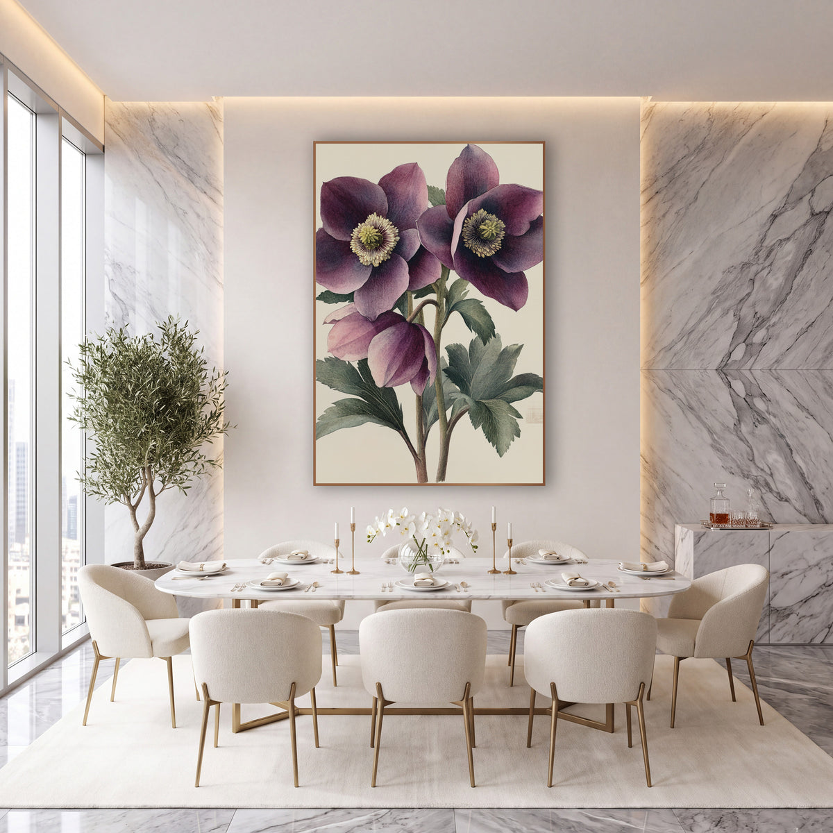Twin Plum Hellebores Vintage Botanical wall art in an elegant modern room – vintage botanical illustration of plum