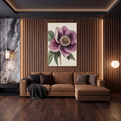 Solitary Plum Hellebore Closeup Botanical wall art in an elegant modern room – vintage botanical illustration