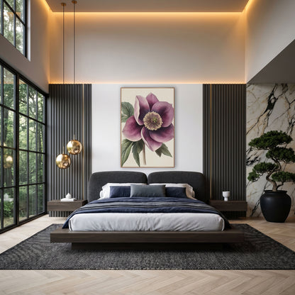 Solitary Plum Hellebore Closeup Botanical wall art in an elegant modern room – vintage botanical illustration