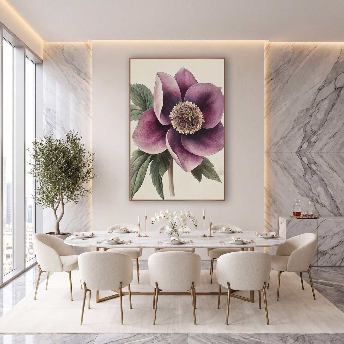 Solitary Plum Hellebore Closeup Botanical wall art in an elegant modern room – vintage botanical illustration