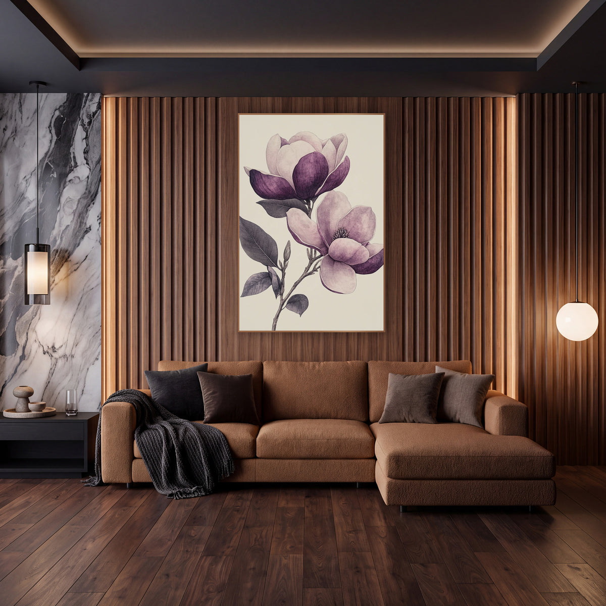 Sketched Plum Magnolia Pair Engraving wall art in an elegant modern room – vintage botanical drawing of a magnolia