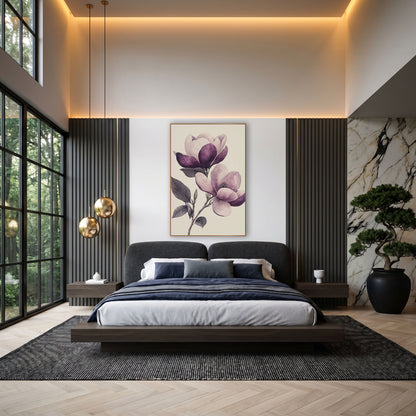 Sketched Plum Magnolia Pair Engraving wall art in an elegant modern room – vintage botanical drawing of a magnolia