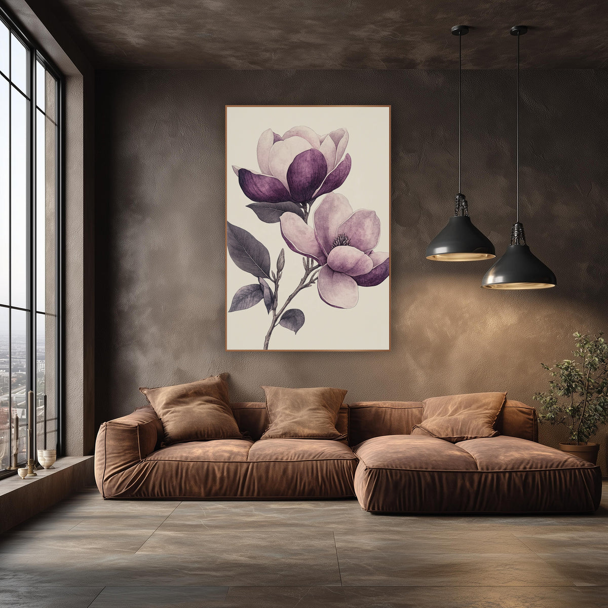 Sketched Plum Magnolia Pair Engraving wall art in an elegant modern room – vintage botanical drawing of a magnolia