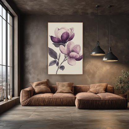 Sketched Plum Magnolia Pair Engraving wall art in an elegant modern room – vintage botanical drawing of a magnolia