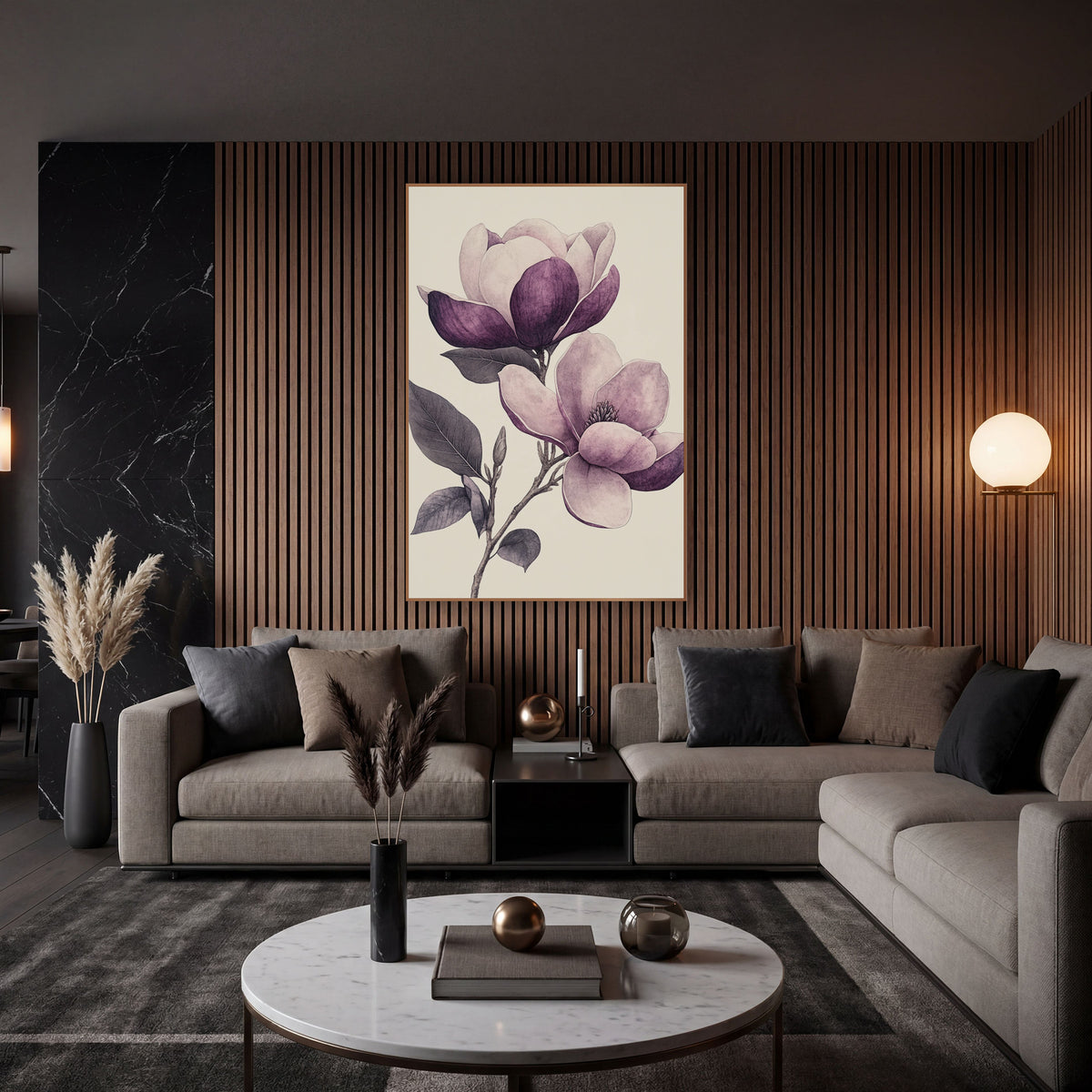 Sketched Plum Magnolia Pair Engraving wall art in an elegant modern room – vintage botanical drawing of a magnolia