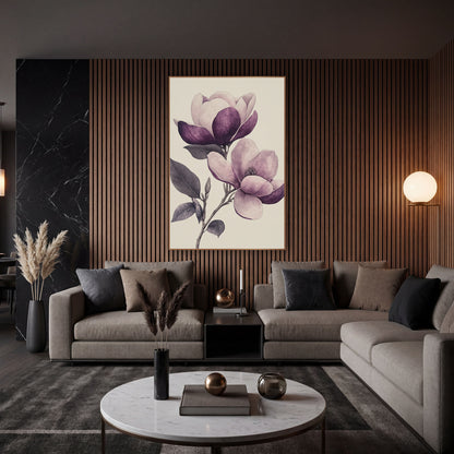 Sketched Plum Magnolia Pair Engraving wall art in an elegant modern room – vintage botanical drawing of a magnolia