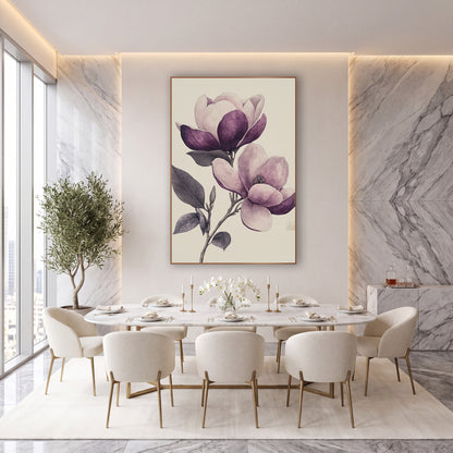 Sketched Plum Magnolia Pair Engraving wall art in an elegant modern room – vintage botanical drawing of a magnolia