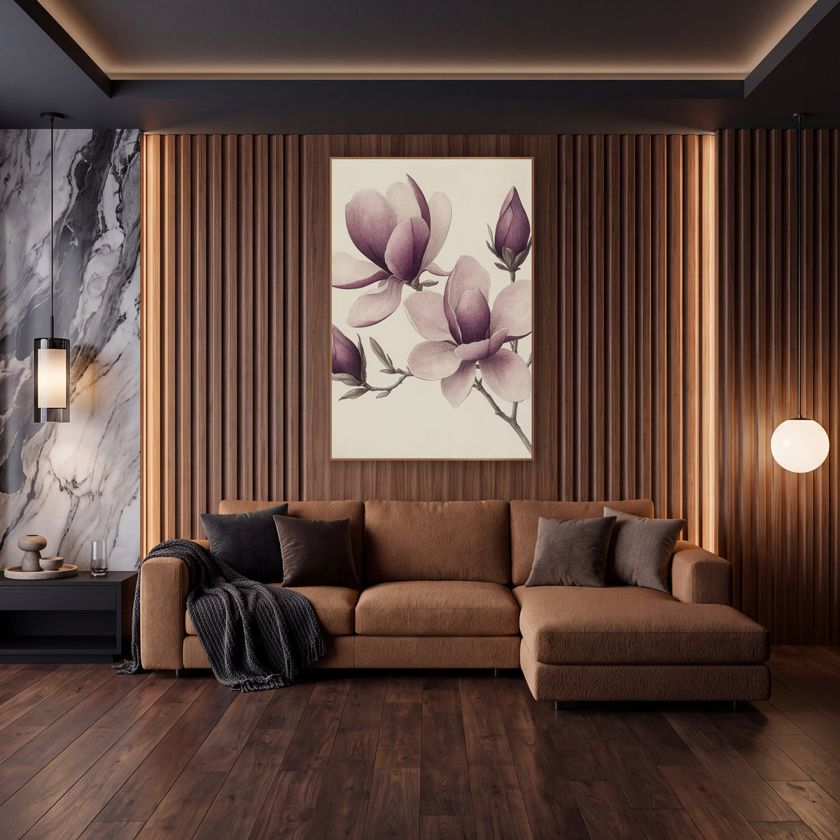 Magnolia Bud Cluster Engraved Botanical wall art in an elegant modern room – vintage botanical drawing of plum