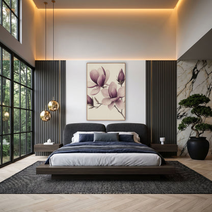 Magnolia Bud Cluster Engraved Botanical wall art in an elegant modern room – vintage botanical drawing of plum