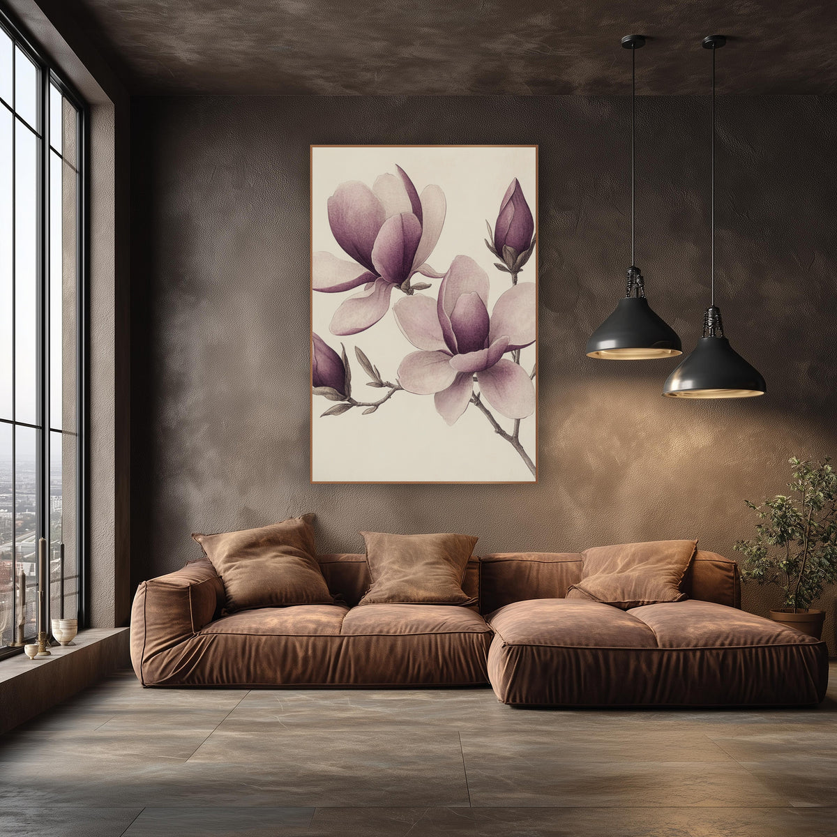 Magnolia Bud Cluster Engraved Botanical wall art in an elegant modern room – vintage botanical drawing of plum