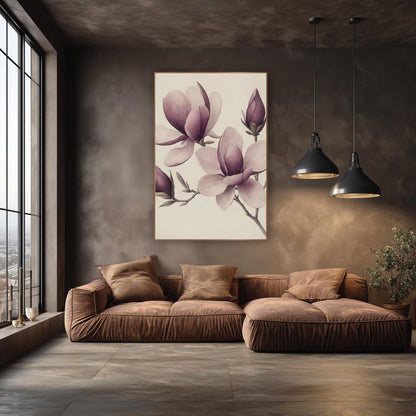 Magnolia Bud Cluster Engraved Botanical wall art in an elegant modern room – vintage botanical drawing of plum