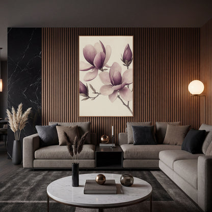 Magnolia Bud Cluster Engraved Botanical wall art in an elegant modern room – vintage botanical drawing of plum