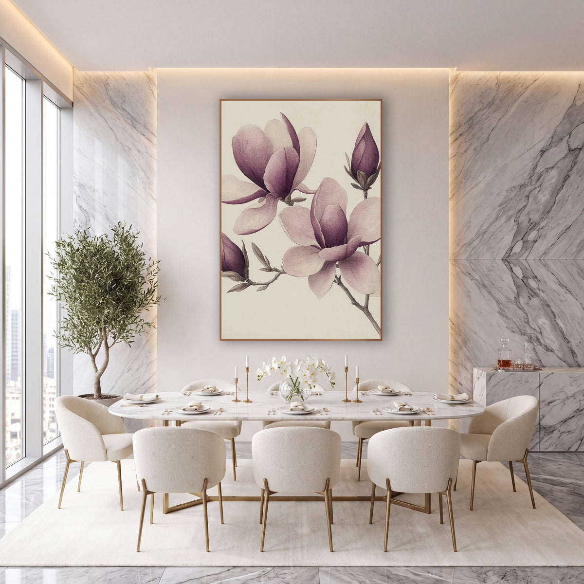 Magnolia Bud Cluster Engraved Botanical wall art in an elegant modern room – vintage botanical drawing of plum