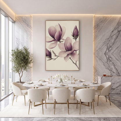 Magnolia Bud Cluster Engraved Botanical wall art in an elegant modern room – vintage botanical drawing of plum