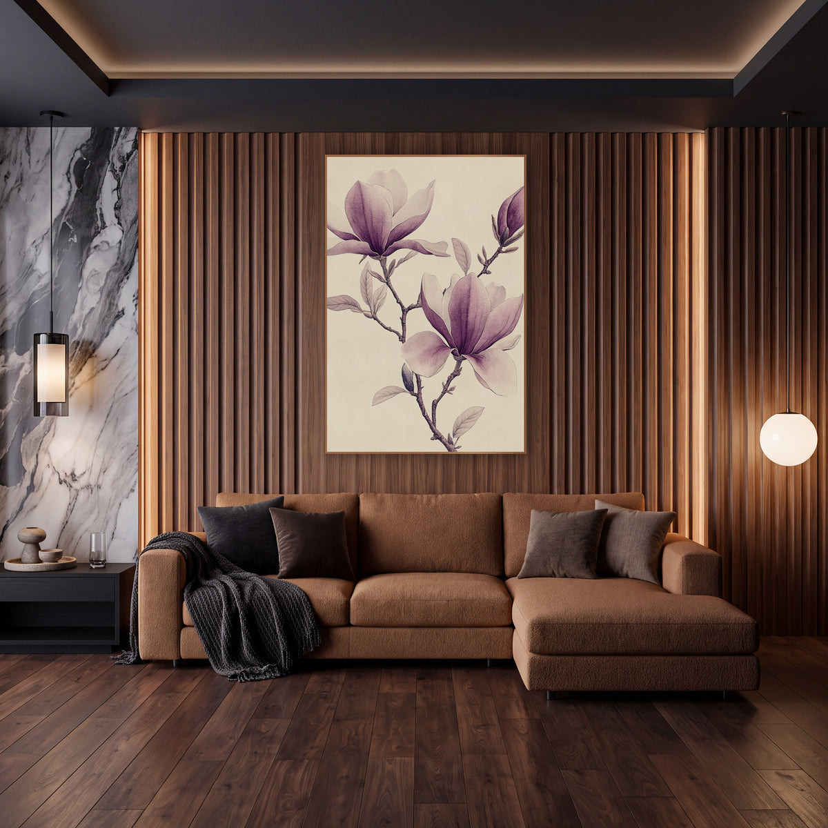 Leafy Magnolia Branch Vintage Botanical wall art in an elegant modern room – vintage botanical drawing of a magnolia