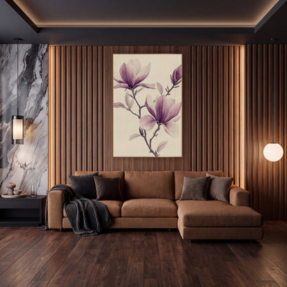 Leafy Magnolia Branch Vintage Botanical wall art in an elegant modern room – vintage botanical drawing of a magnolia