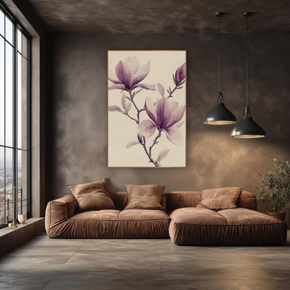 Leafy Magnolia Branch Vintage Botanical wall art in an elegant modern room – vintage botanical drawing of a magnolia