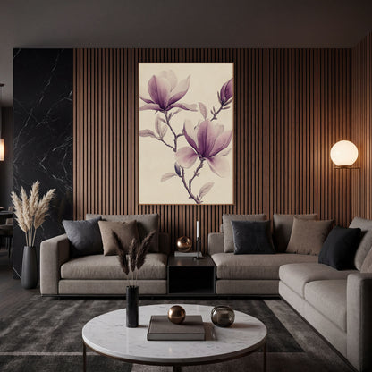 Leafy Magnolia Branch Vintage Botanical wall art in an elegant modern room – vintage botanical drawing of a magnolia