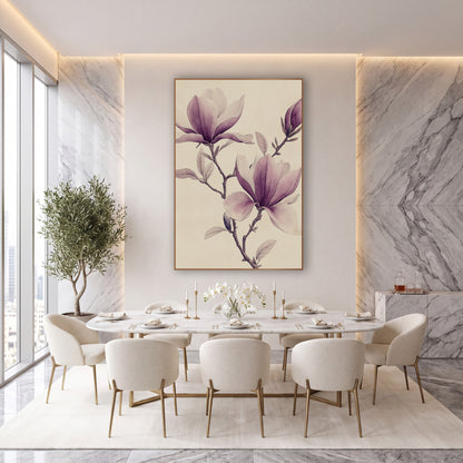 Leafy Magnolia Branch Vintage Botanical wall art in an elegant modern room – vintage botanical drawing of a magnolia