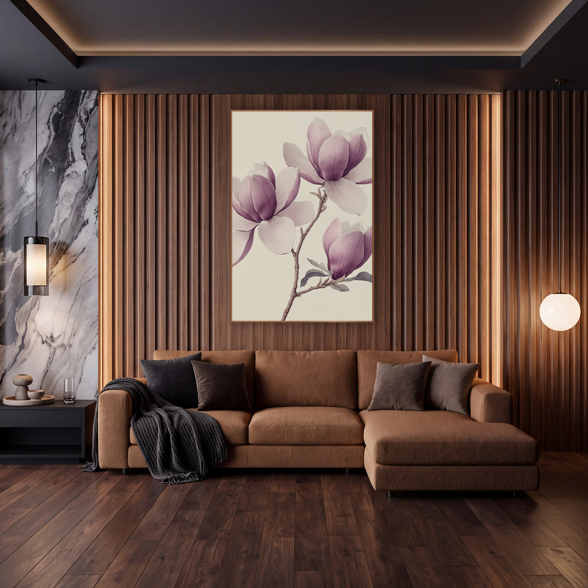 Trio Magnolia Blooms Soft Botanical wall art in an elegant modern room – vintage botanical drawing of a magnolia