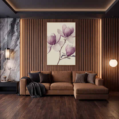 Trio Magnolia Blooms Soft Botanical wall art in an elegant modern room – vintage botanical drawing of a magnolia