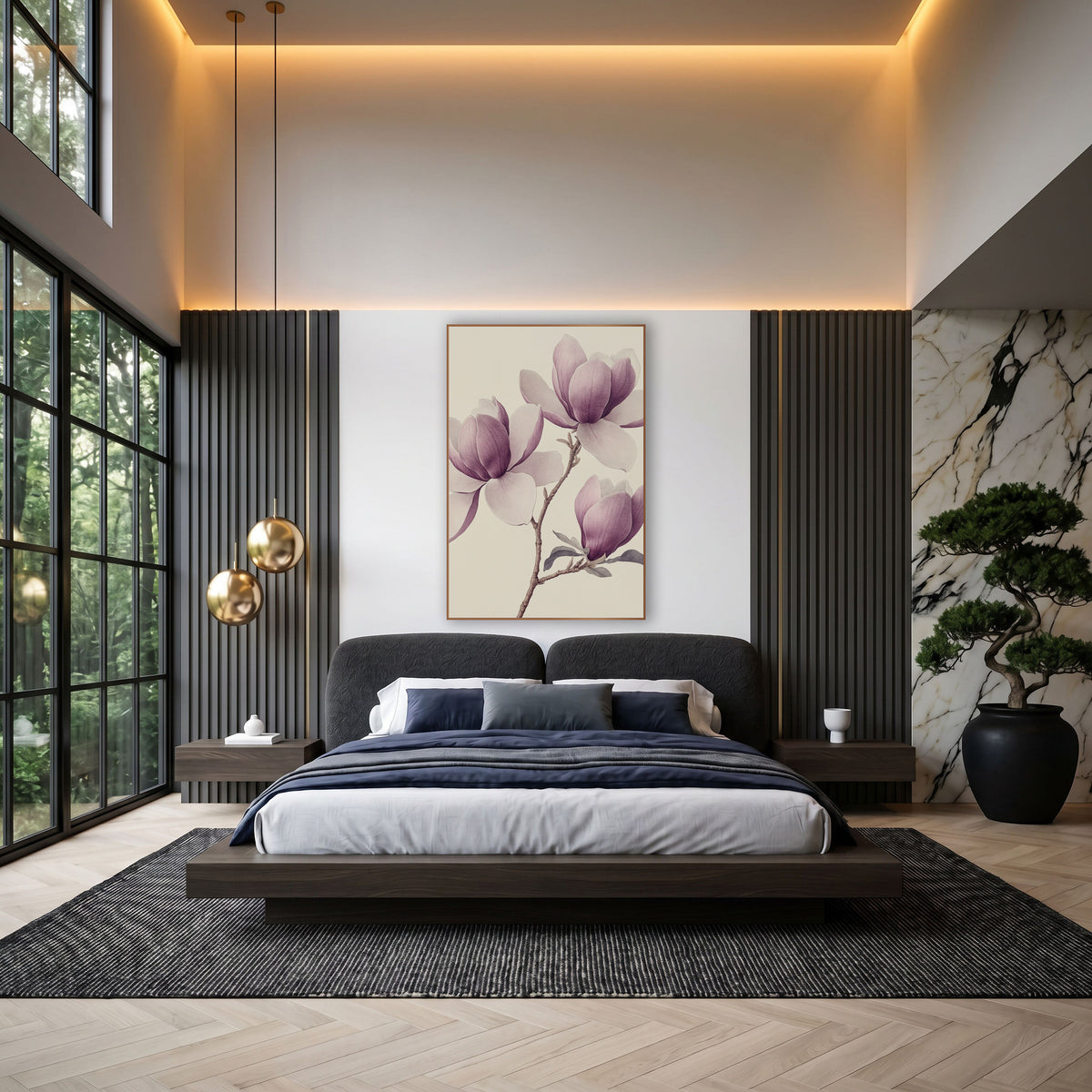 Trio Magnolia Blooms Soft Botanical wall art in an elegant modern room – vintage botanical drawing of a magnolia