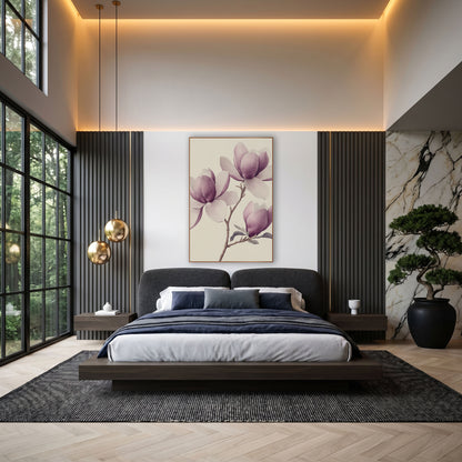 Trio Magnolia Blooms Soft Botanical wall art in an elegant modern room – vintage botanical drawing of a magnolia