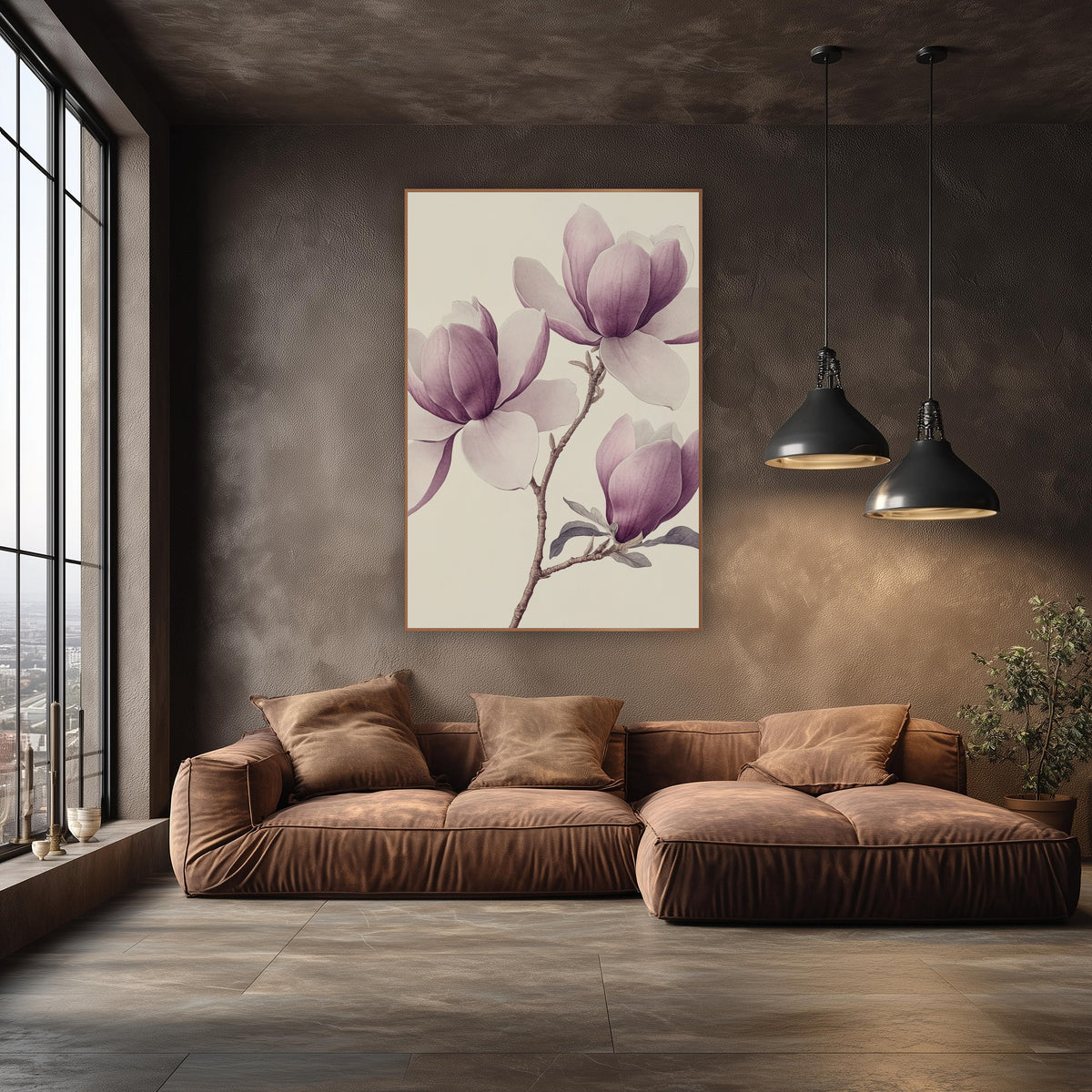 Trio Magnolia Blooms Soft Botanical wall art in an elegant modern room – vintage botanical drawing of a magnolia